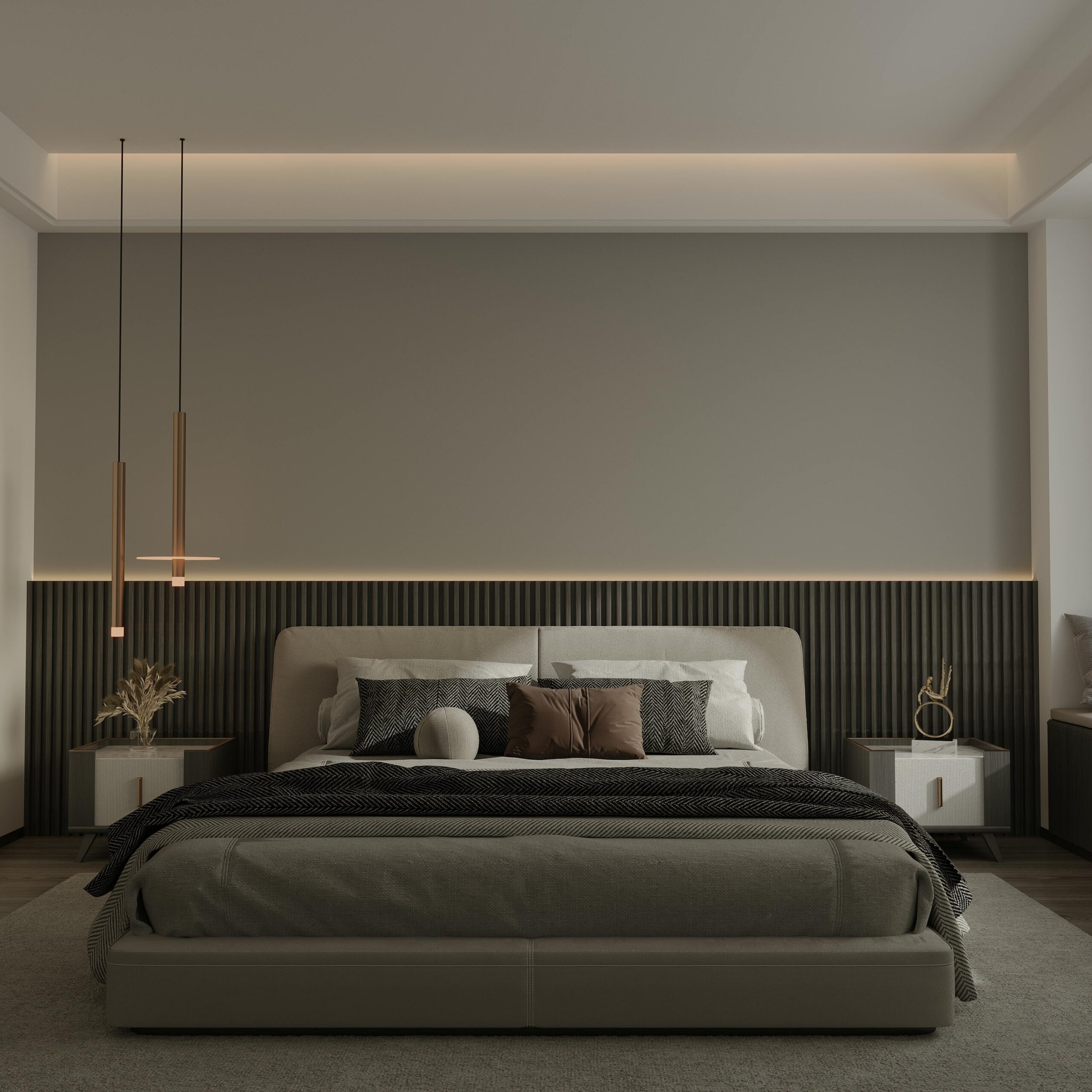 Elegant modern bedroom design in London, featuring beige aesthetics and cozy lighting.